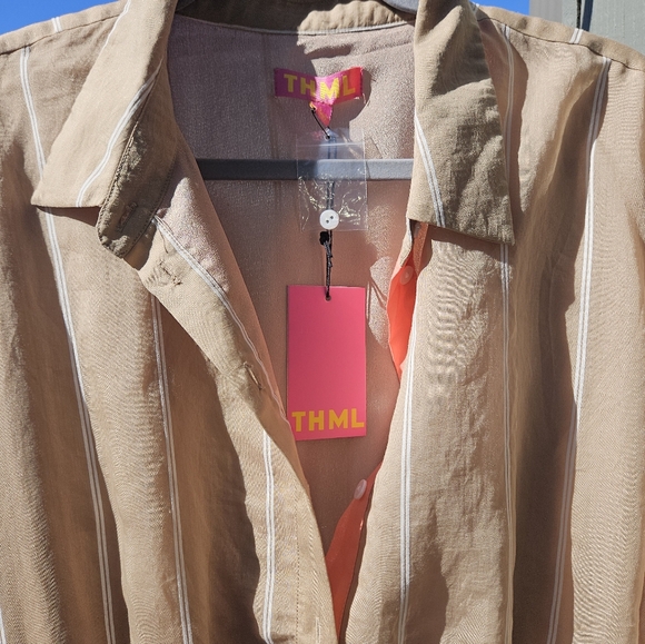 THML Warm Camel W Ivory Stripe Dress, Coral Accent M side Pockets Elastic Waist - Picture 6 of 6